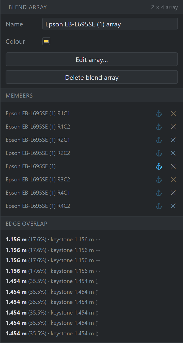 The blend array inspector showing edge overlap