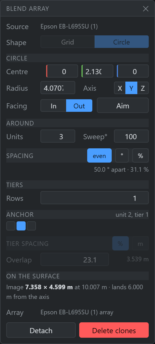 The blend-array panel in circle mode