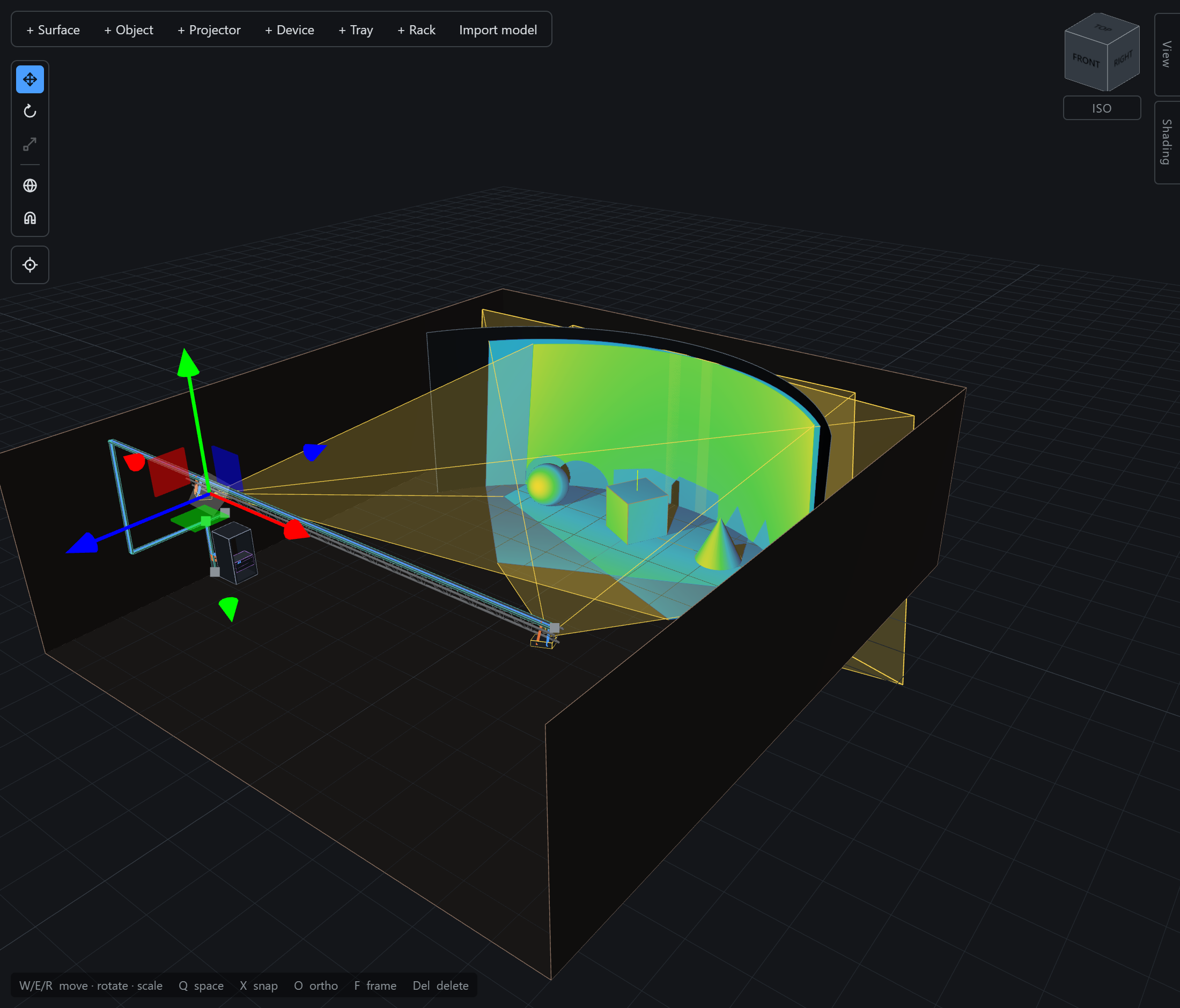 Projector frustums converging on the screen