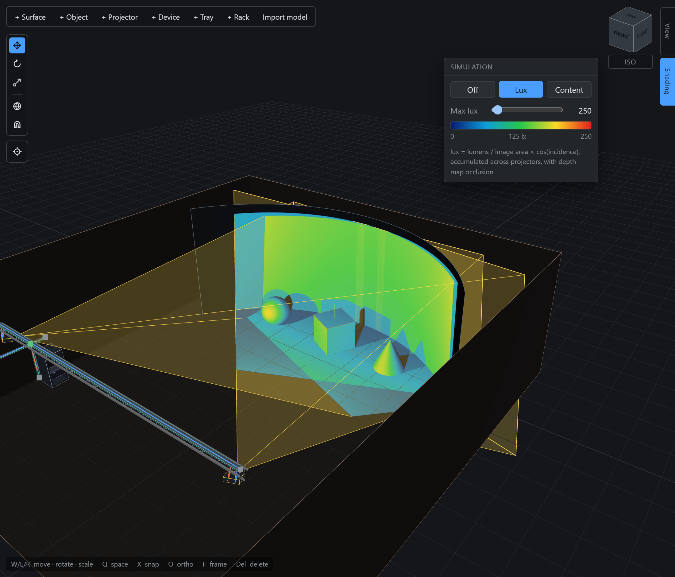 The lux heatmap across a two-projector blend