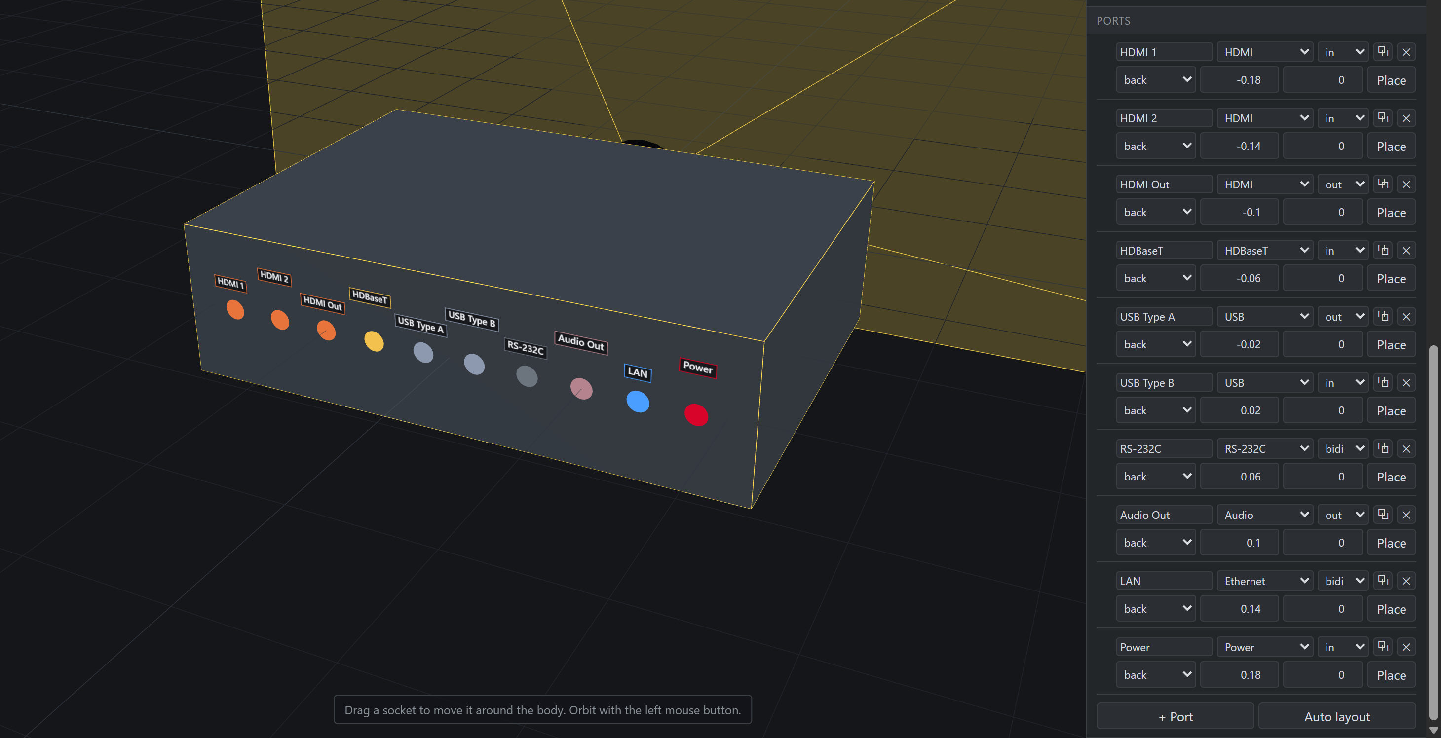 The EB-L695SE's back panel in the 3D preview, beside the Ports section