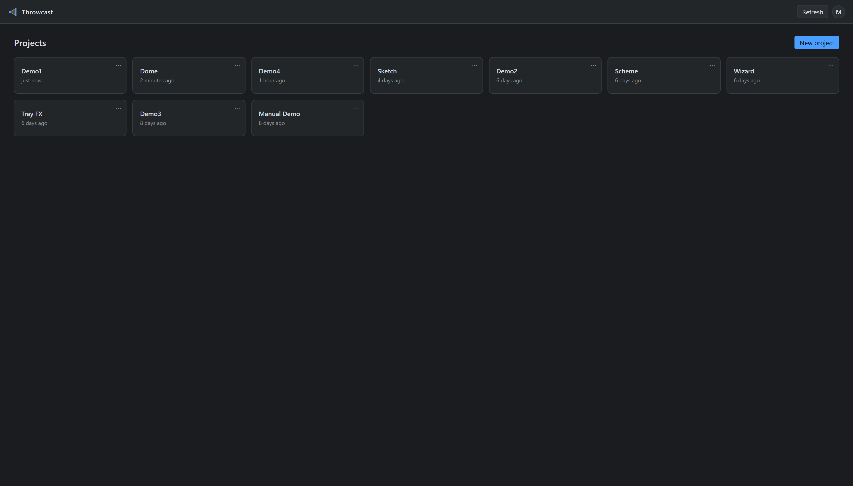 The projects screen