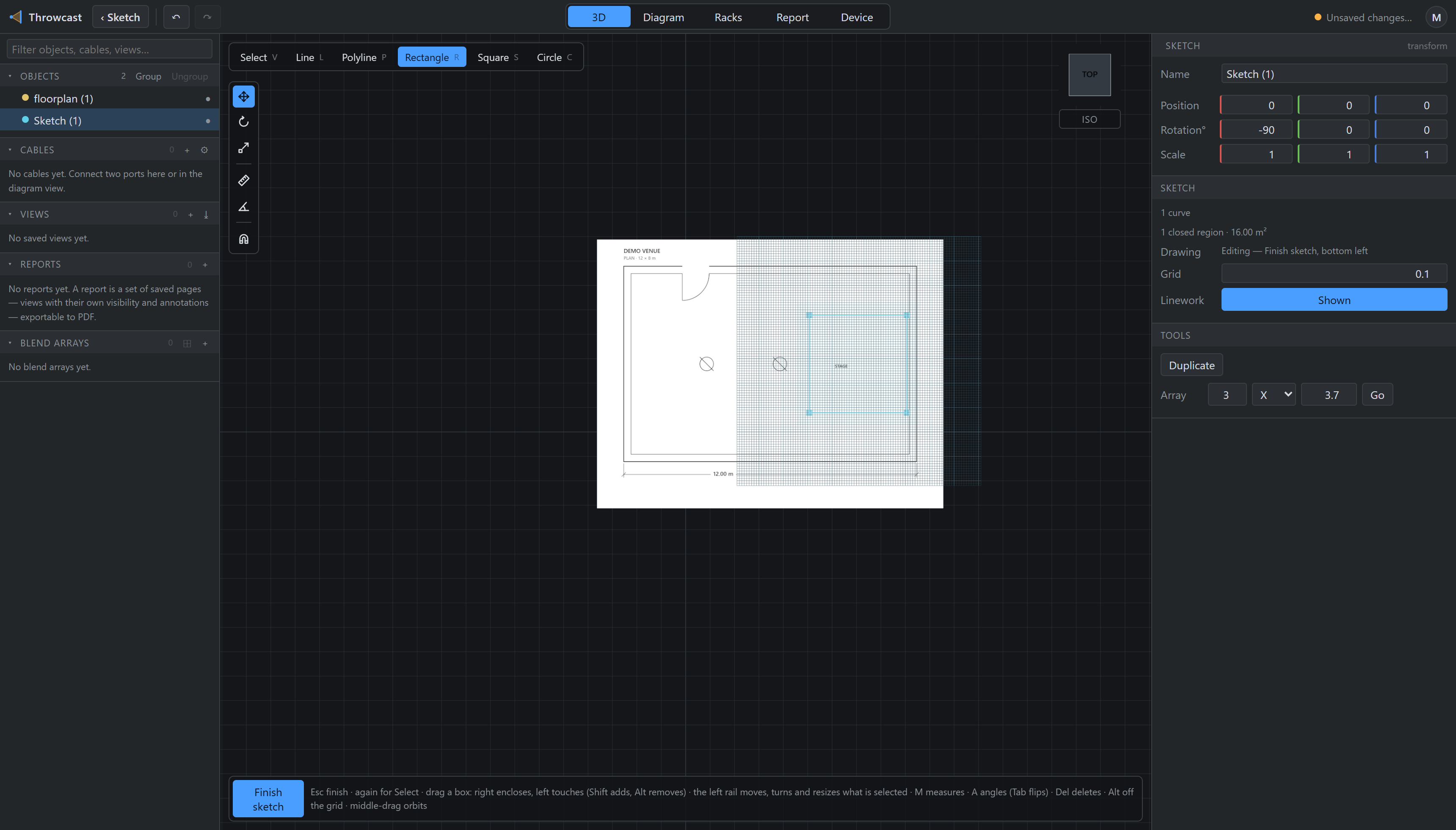 The sketch editor open over the floor plan, the stage traced as a rectangle, a tool rail across the top-left and a Finish sketch button bottom-left