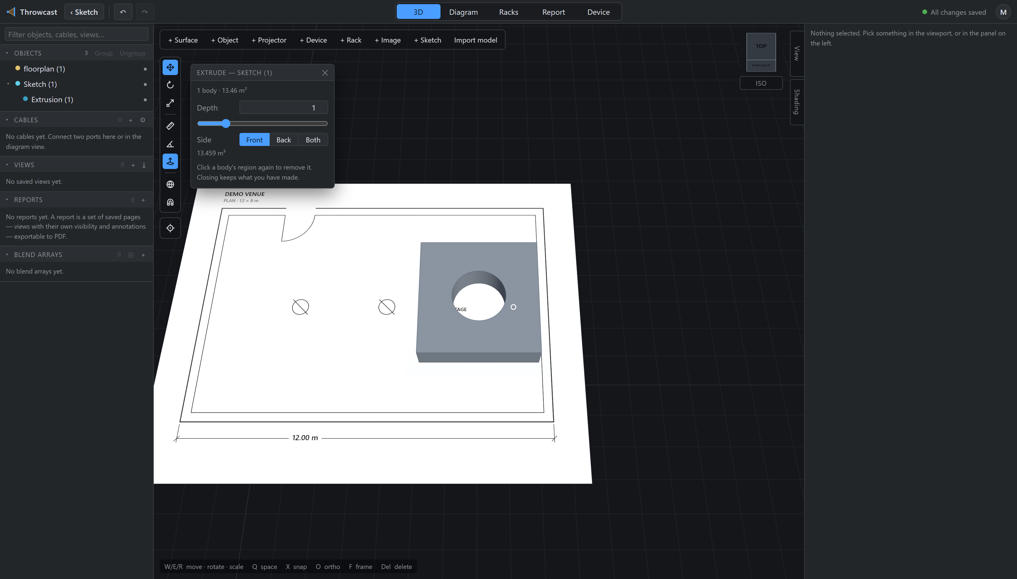 A solid standing on the sketch that made it, with the Extrude panel showing depth and side