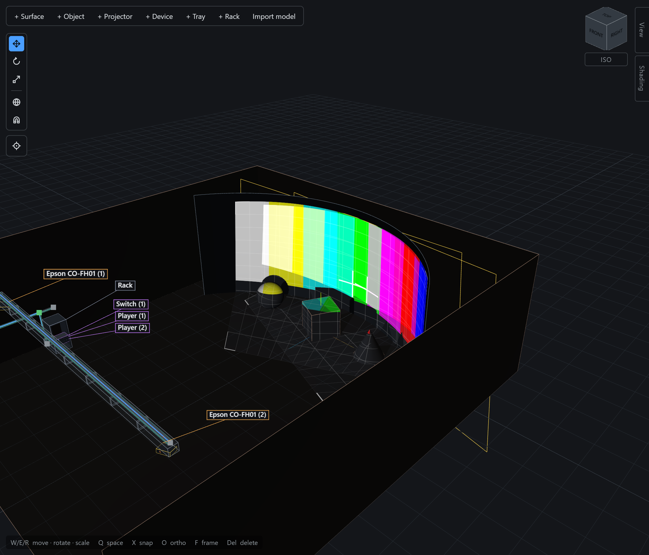 A test card projected onto a curved surface, its grid bending around the curve
