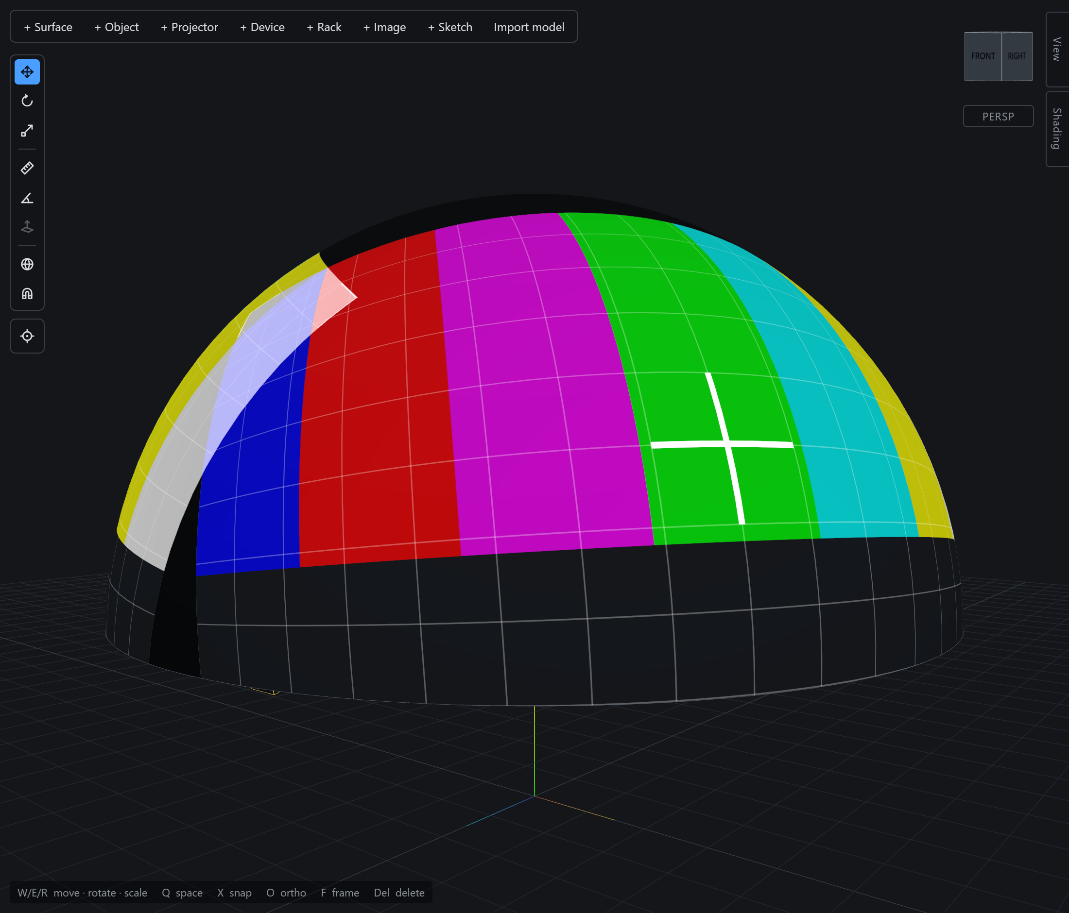 A test card projected onto a dome by three machines, its grid bending in two directions