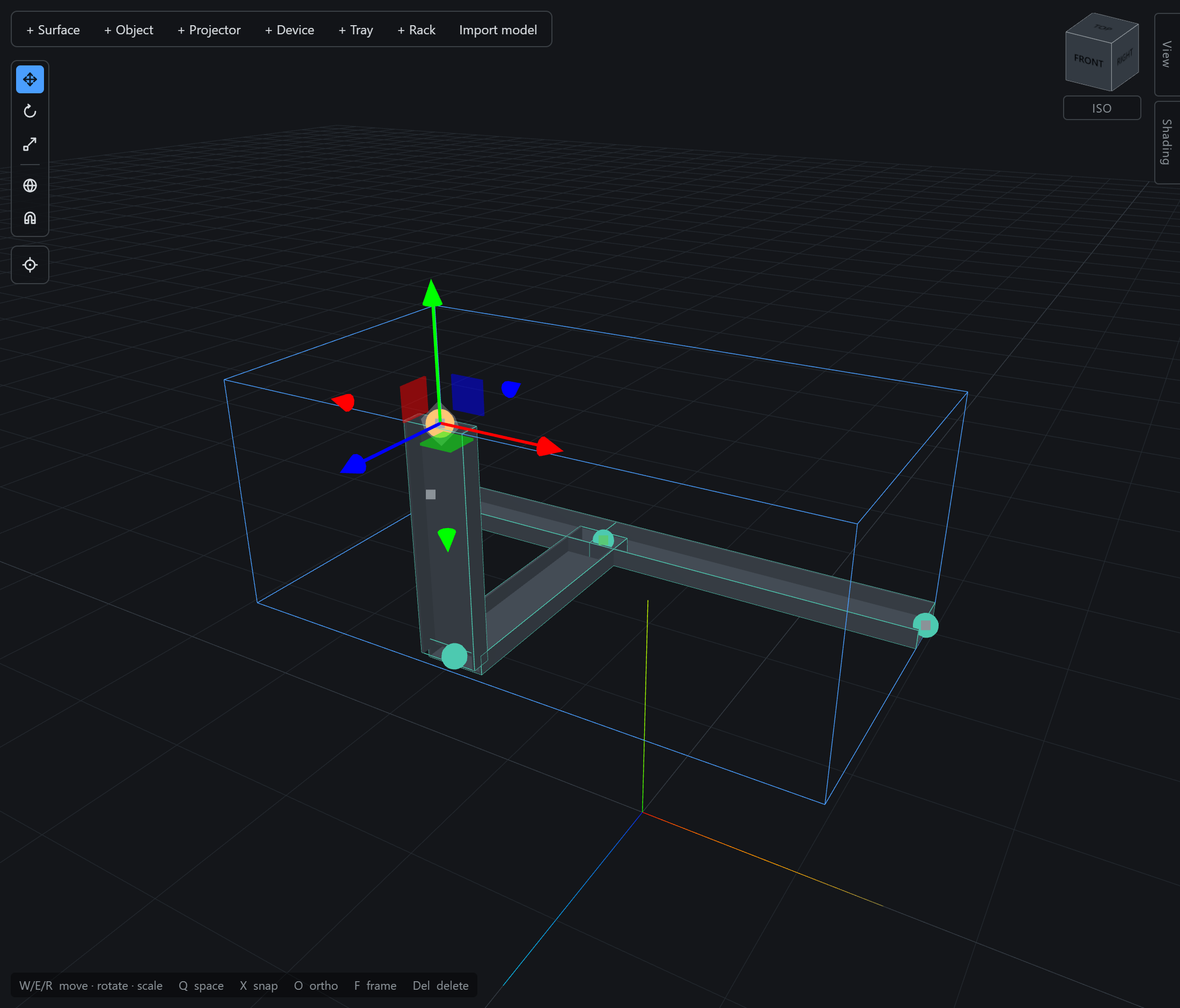 A vertical riser grown upward out of a tray run with an Alt-drag on the green axis