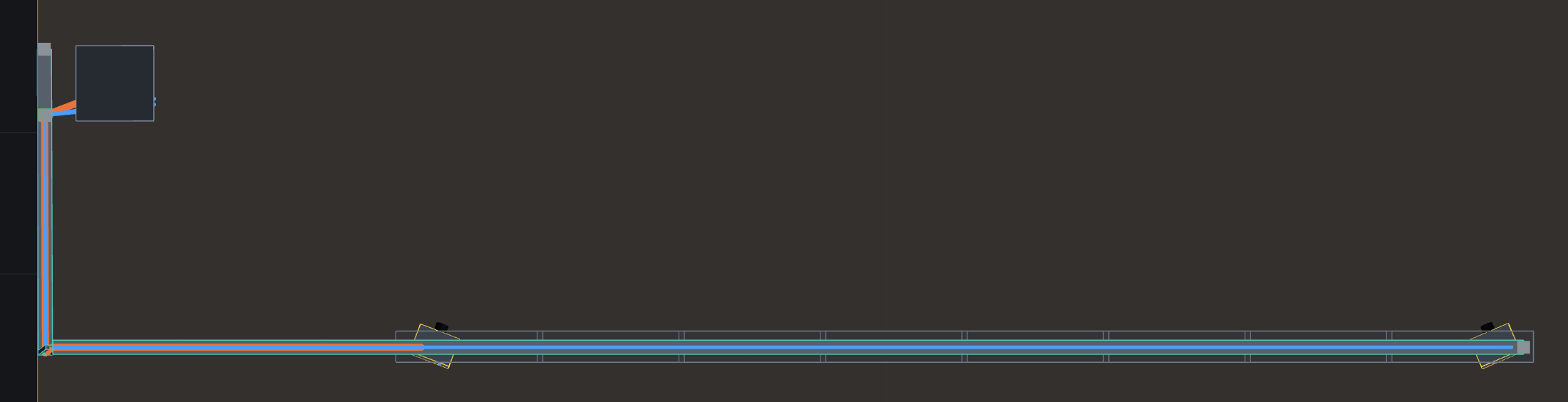 Top view of a cable tray network, with grey dots on its free ends