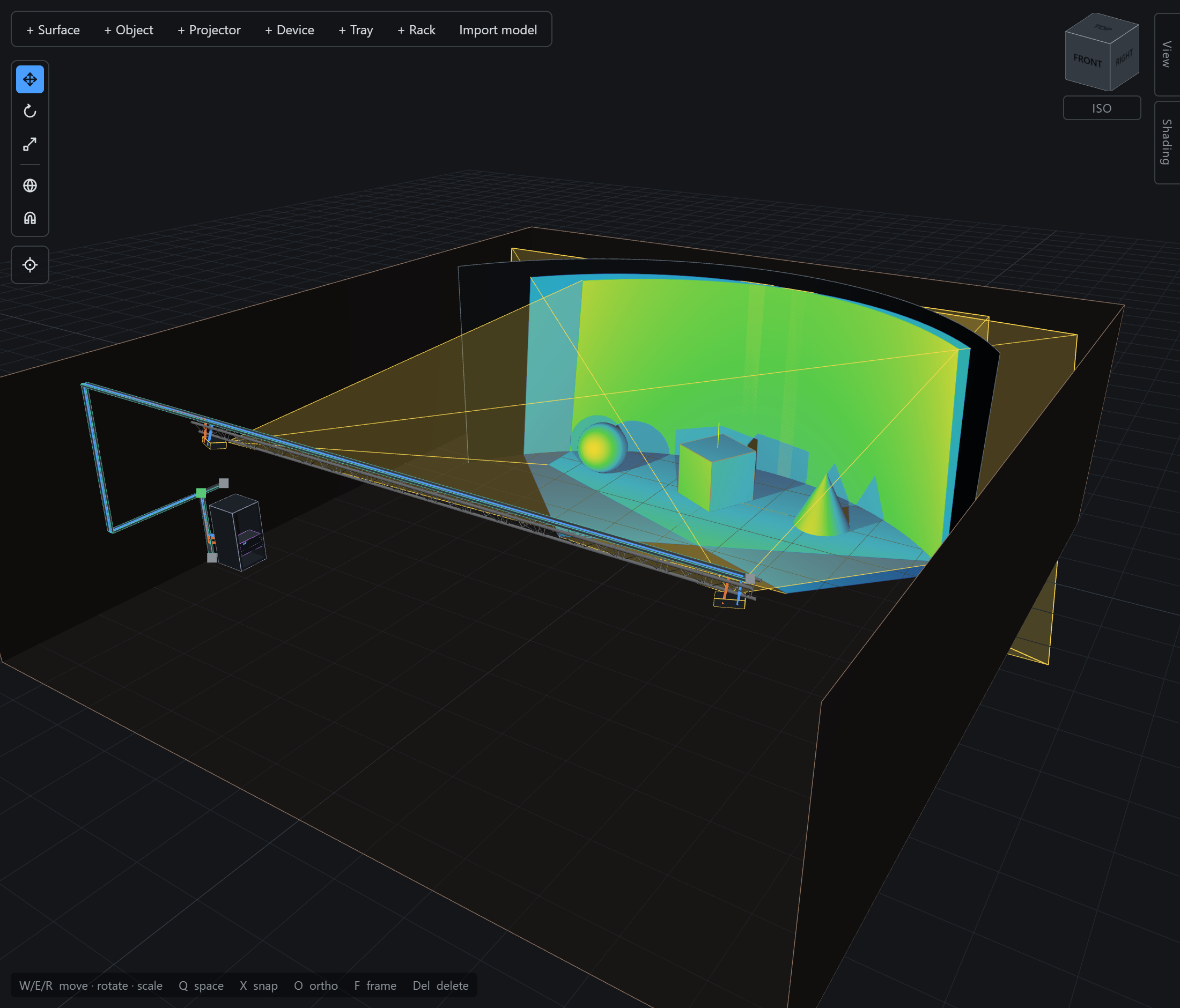 The demo venue seen from above and outside the room, with the lux heatmap on