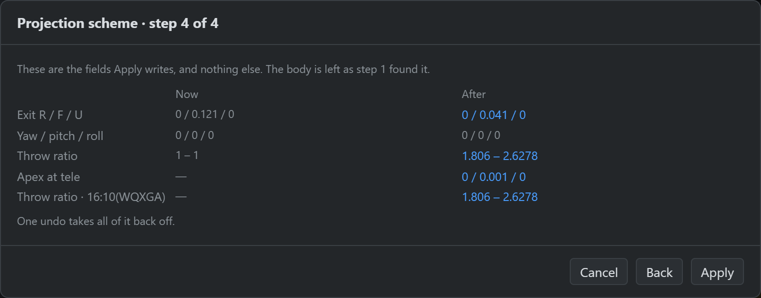 The wizard's review step, computed against current